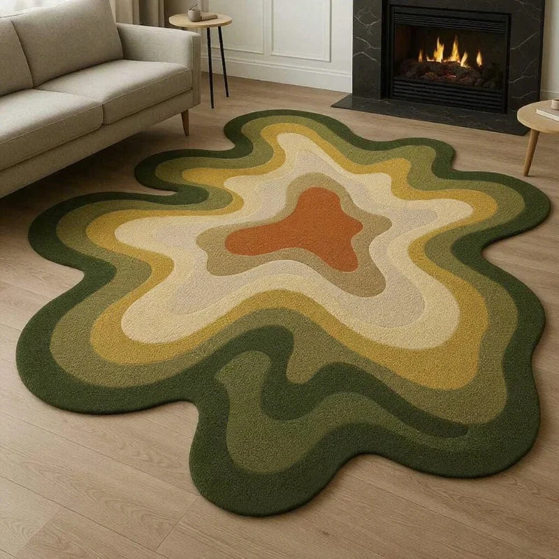 Bunter Teppich in Dopamin-Farben mit abstraktem Wellenmotiv für Schlafzimmer und Wohnzimmer – 80 × 80 bis 300 × 300 cm, unregelmäßige Form, 11 Motive