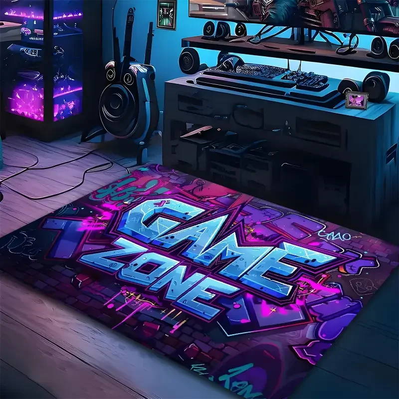 Bunter Teppich mit Gamepad-Muster im Gaming-Look für Wohnzimmer und Schlafzimmer – 40 × 60 bis 120 × 160 cm, Flanell, rutschfest, 4 Motive