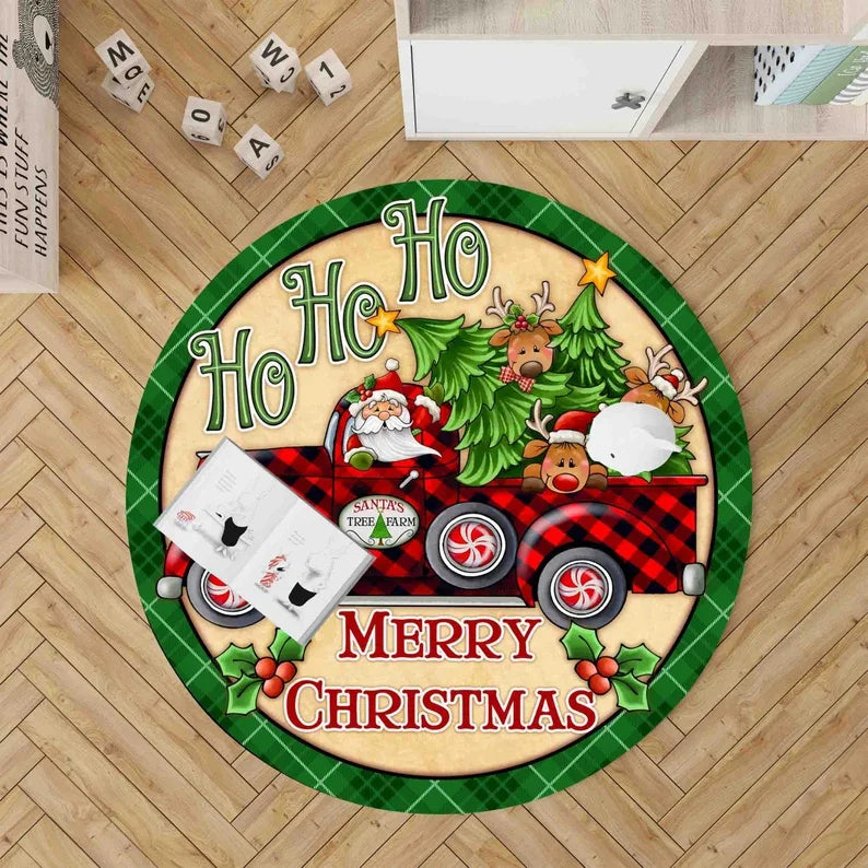 Runder Weihnachtsteppich mit Weihnachtsmann in 3D-Optik für Wohnzimmer und Eingang – Ø 40 bis 120 cm, Flanell, rutschfest, waschbar, 8 Motive