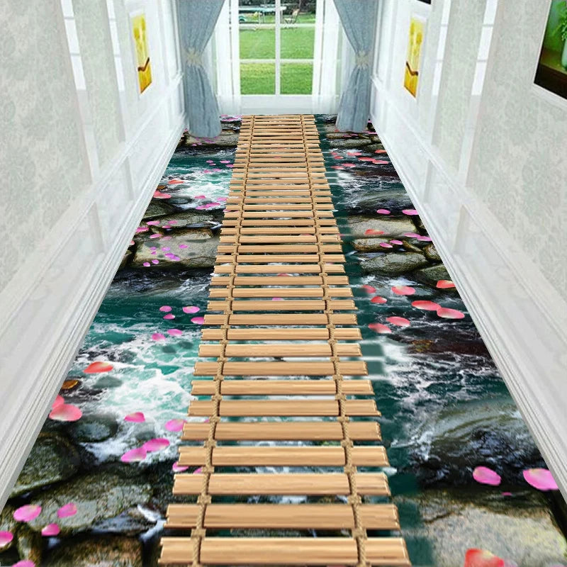 Läufer mit 3D-Blumen- und Landschaftsmotiv für Flur, Wohnzimmer und Eingang – 60 × 200 bis 90 × 400 cm, Kristallsamt, rutschfest, 16 Motive