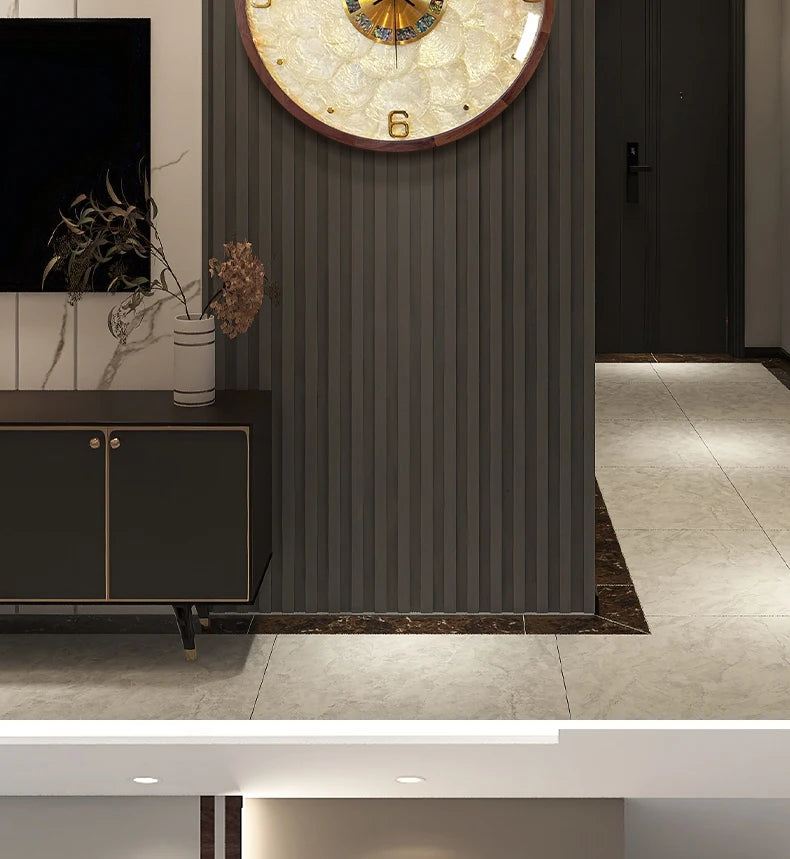 Runde Wanduhr aus Massivholz und Muschel im modernen Stil für das Wohnzimmer – 32,5 bis 40 cm, Glas, Zeigeranzeige, batteriebetrieben, 7 Ausführungen