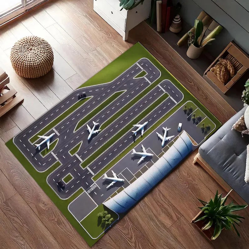 Kinder-Spielteppich mit Flughafen- und Landebahn-Motiv für Kinderzimmer und Wohnzimmer – 40 × 60 bis 120 × 160 cm, rechteckig, rutschfest, 6 Motive