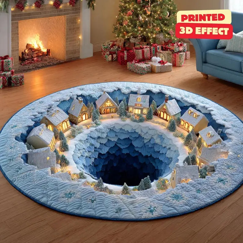 Runder Weihnachtsteppich mit blauem Schneemotiv für Wohnzimmer und Weihnachtsfeier – Ø 40 bis 120 cm, 3D-Druck, rutschfest, 5 Motive