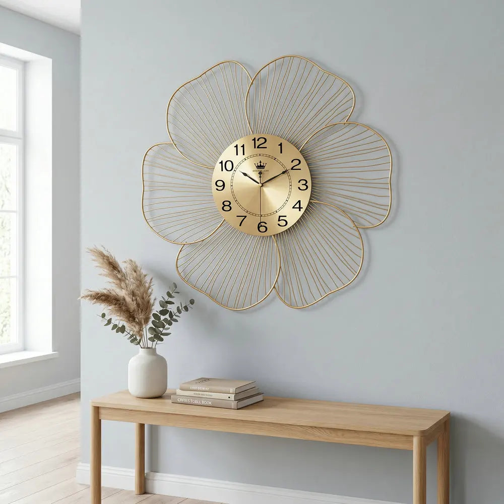 Metall-Wanduhr mit Blumenmuster im nordischen Stil für Wohnzimmer und Esszimmer – 60 × 60 cm, rund, lautloses Quarzwerk, ohne Ticken