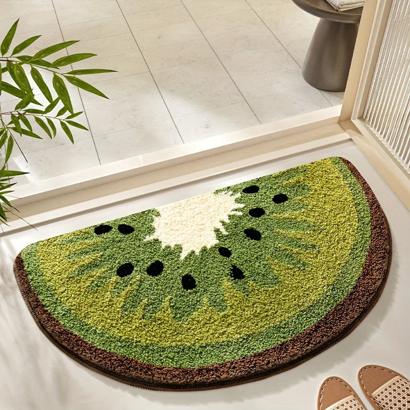 Halbrunde Badematte in Form einer Obstscheibe wie Kiwi oder Wassermelone für Bad, Schlafzimmer und Eingang – 45 × 80 cm, weich, saugfähig, 4 Motive