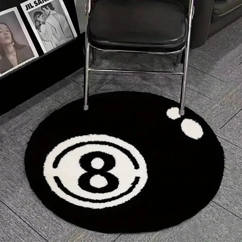 Runder Flanellteppich im Design der schwarzen Billardkugel 8 für Wohnzimmer, Schlafzimmer und Spielecke – Ø 60 bis 160 cm, schwarz-weiß, rutschfest