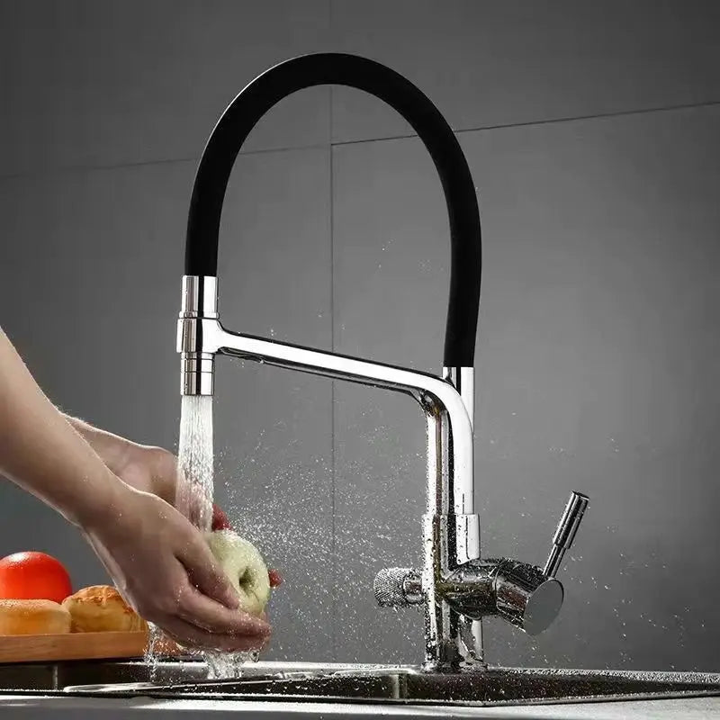 Küchenarmatur mit Doppelauslauf für gefiltertes Trinkwasser für die Küchenspüle – flexibler Schlauchbogen, 360° drehbar, Messing, 45 cm, 6 Farben