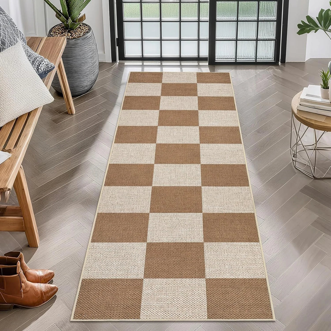 Karierter Teppichläufer in Schwarz und Creme für Flur, Küche und Eingang – 40 × 120 oder 50 × 150 cm, Polyester, rutschfest, waschbar, 6 Motive