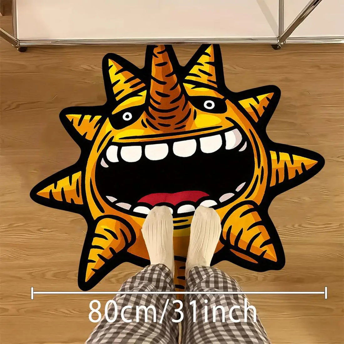 Kreativer Sonnen-Teppich im Anime-Stil in Orange für Wohnzimmer, Schlafzimmer und Jugendzimmer – 50 × 50 bis 120 × 120 cm, Sonderform, rutschfest