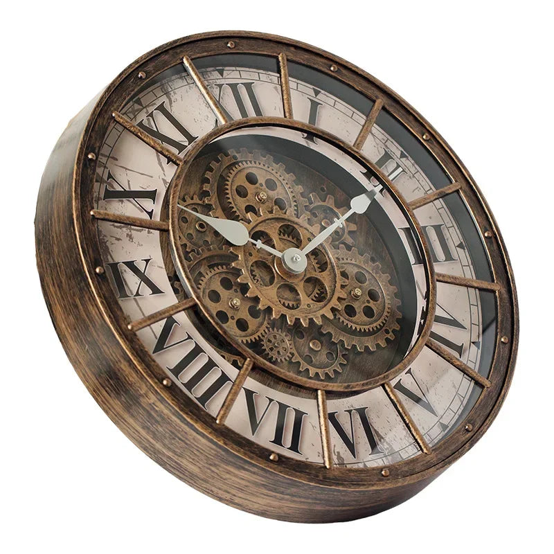 Steampunk-Wanduhr mit echten beweglichen Zahnrädern im Industrie-Stil für Wohnzimmer und Büro – 46 × 46 cm, römische Ziffern, 4 Ausführungen