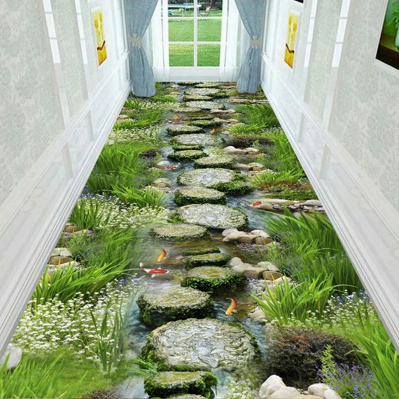 Läufer mit 3D-Blumen- und Landschaftsmotiv für Flur, Wohnzimmer und Eingang – 60 × 200 bis 90 × 400 cm, Kristallsamt, rutschfest, 16 Motive