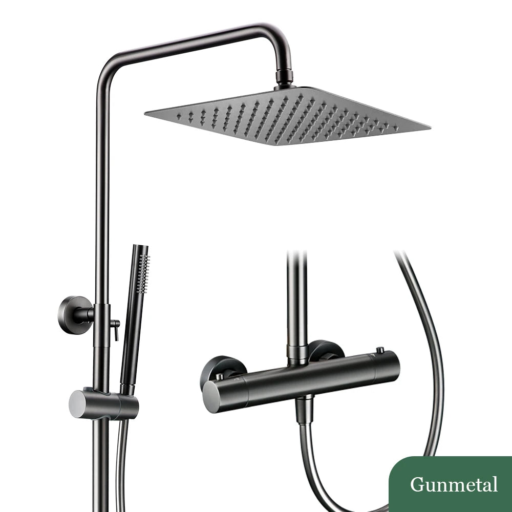 Thermostat-Duschset aus Messing mit Handbrause zur Wandmontage im Badezimmer – quadratische Kopfbrause 20 bis 30 cm, Doppelknopf, 7 Farben