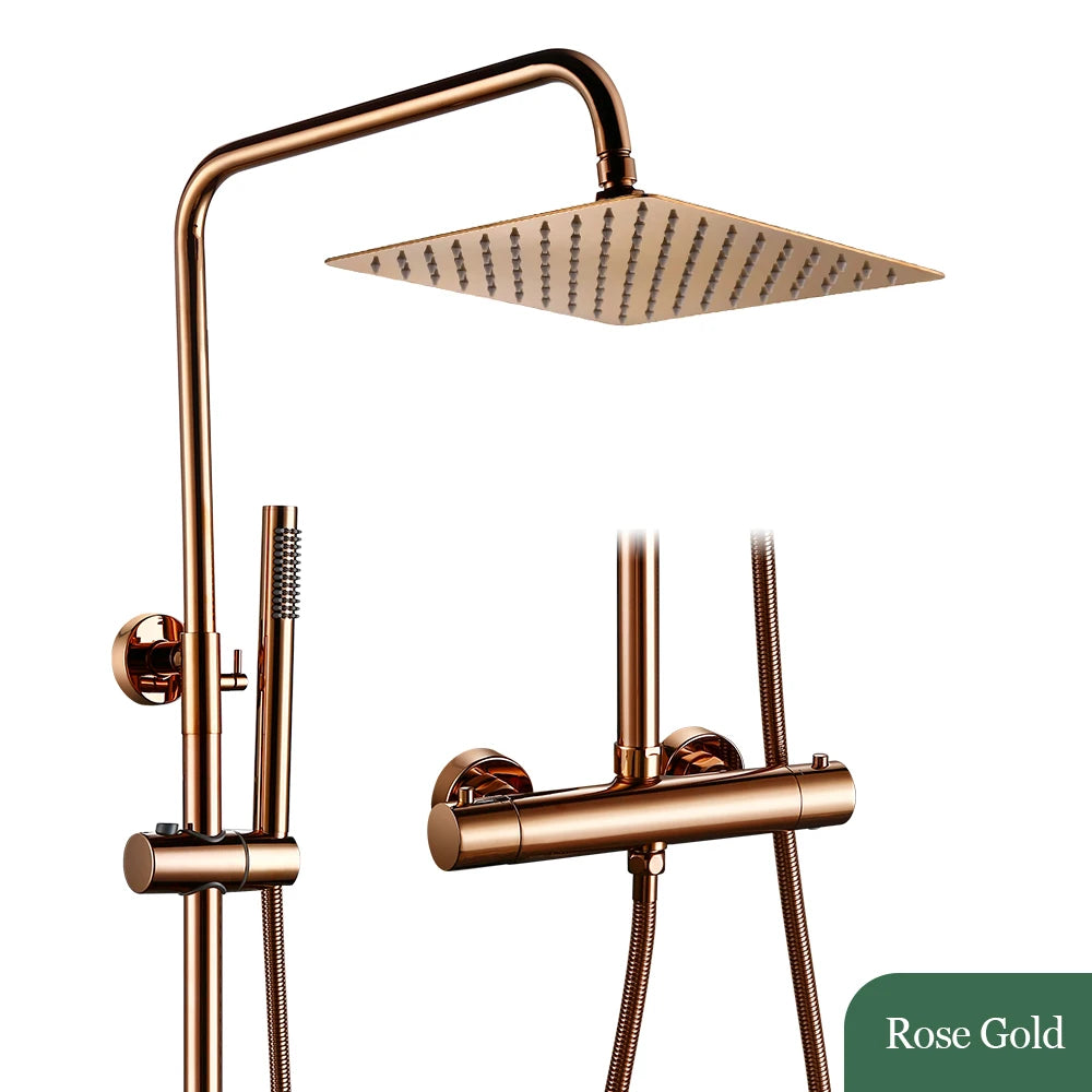 Thermostat-Duschset aus Messing mit Handbrause zur Wandmontage im Badezimmer – quadratische Kopfbrause 20 bis 30 cm, Doppelknopf, 7 Farben