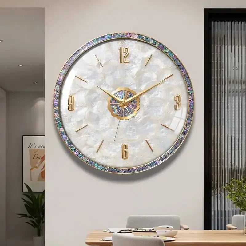 Wanduhr mit Perlmutt- und Abalone-Muscheleinlage für Wohnzimmer und Schlafzimmer – Ø 40 cm, rund, geräuschlos, Walnussholz oder Legierung