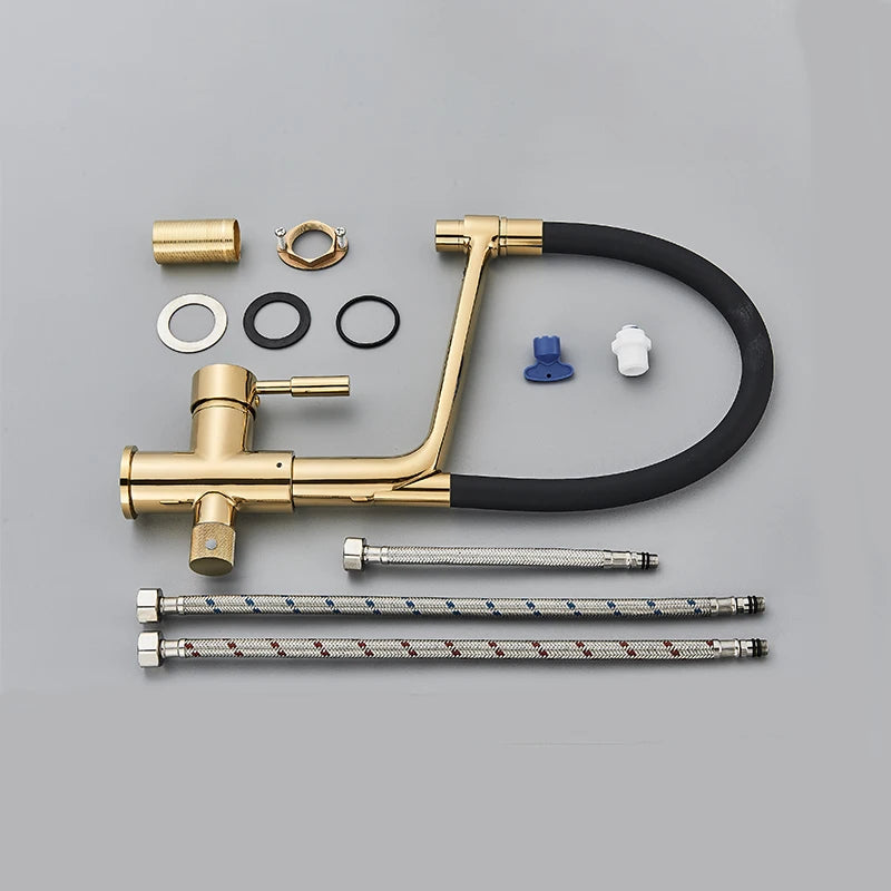Küchenarmatur mit Doppelauslauf für gefiltertes Trinkwasser für die Küchenspüle – flexibler Schlauchbogen, 360° drehbar, Messing, 45 cm, 6 Farben