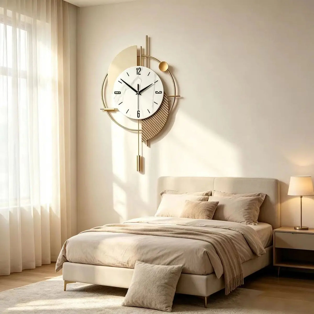 Wanduhr aus Metall mit Pendel für Wohnzimmer und TV-Wand – 52 × 34 cm, geometrisch, rundes Zifferblatt, geräuschloses Quarzwerk, 2 Modelle