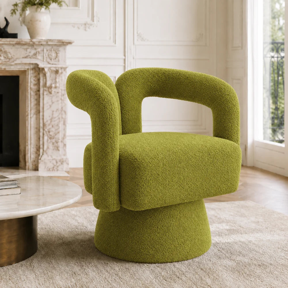 Drehbarer Bouclé-Sessel mit runder Form und breiten Armlehnen für Wohnzimmer und Schlafzimmer – 360° drehbar, 67 × 55 × 74 cm, 4 Farben