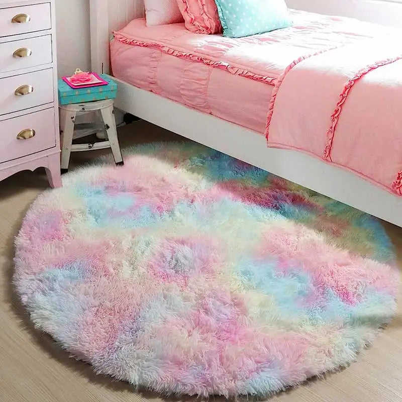 Runder Hochflorteppich in Regenbogenfarben für Kinderzimmer und Schlafzimmer – Ø 60 bis 160 cm, flauschig, Memory-Schaum, rutschfest