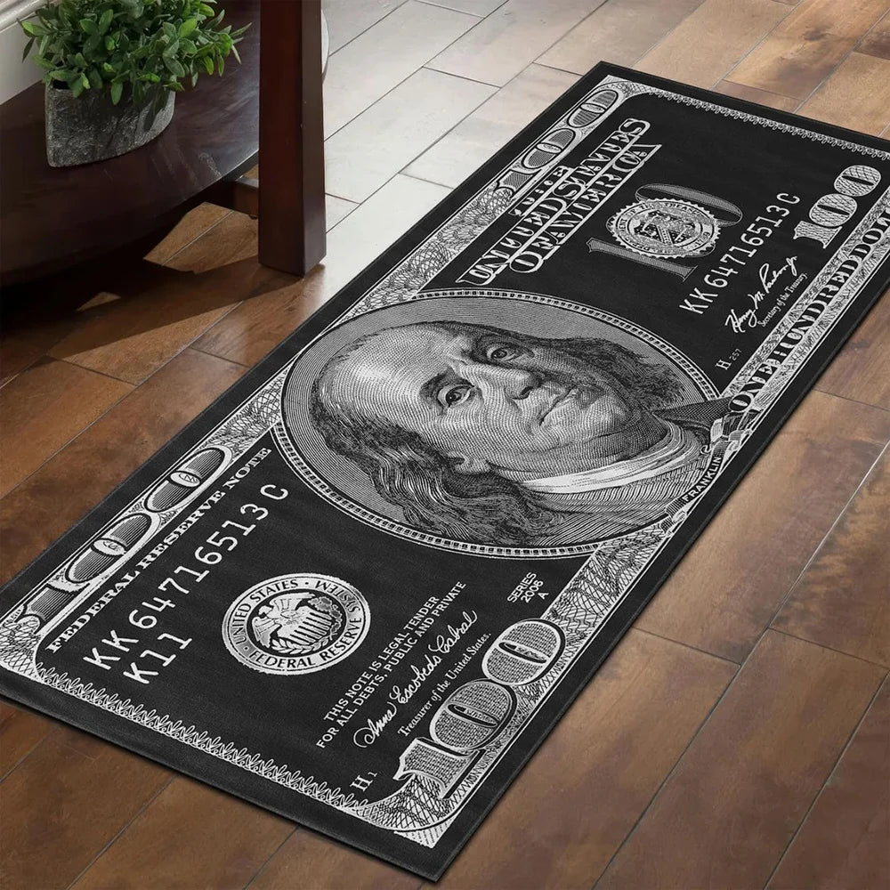 Läufer mit 100-Dollar-Schein-Motiv in Schwarz-Weiß für Eingang, Küche und Schlafzimmer – 50 × 120 oder 50 × 160 cm, rutschfest, waschbar