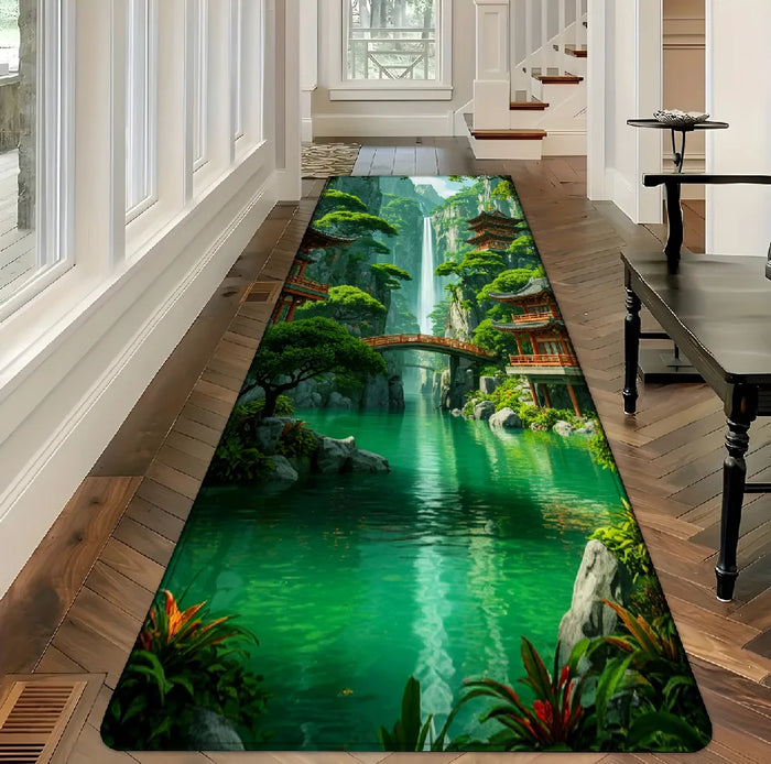 Bedruckter Läufer mit 3D-Wasserfall-Motiv im japanischen Stil für Flur und Küche – 40 × 60 bis 50 × 150 cm, rechteckig, rutschfest, 4 Motive