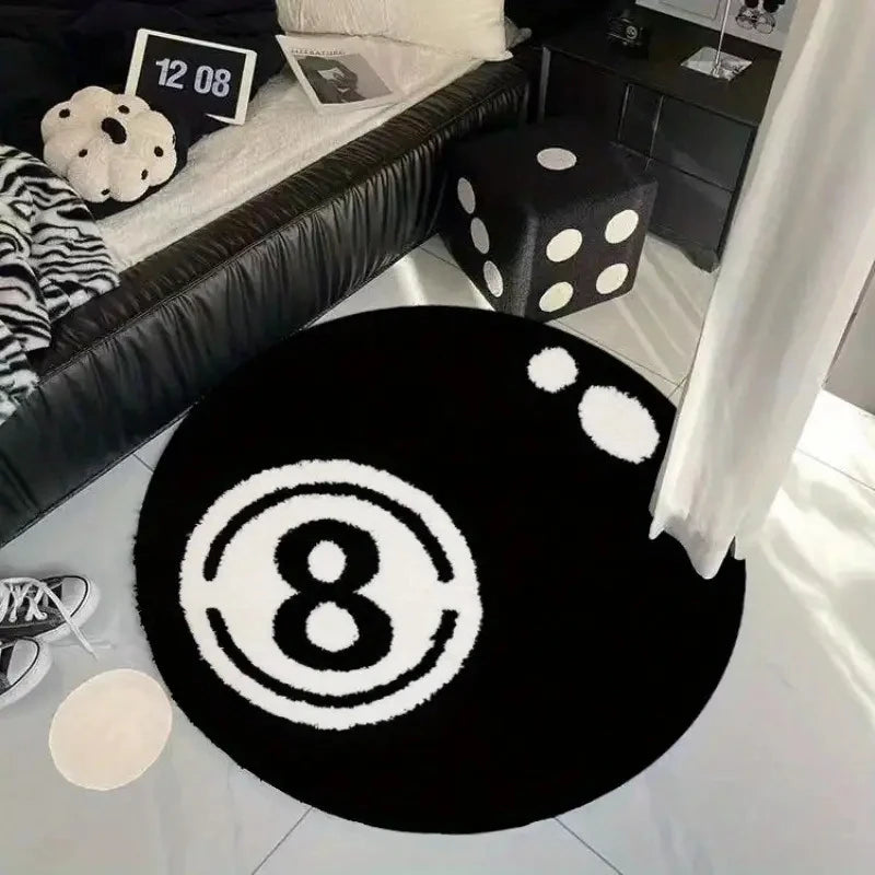 Runder Flanellteppich im Design der schwarzen Billardkugel 8 für Wohnzimmer, Schlafzimmer und Spielecke – Ø 60 bis 160 cm, schwarz-weiß, rutschfest
