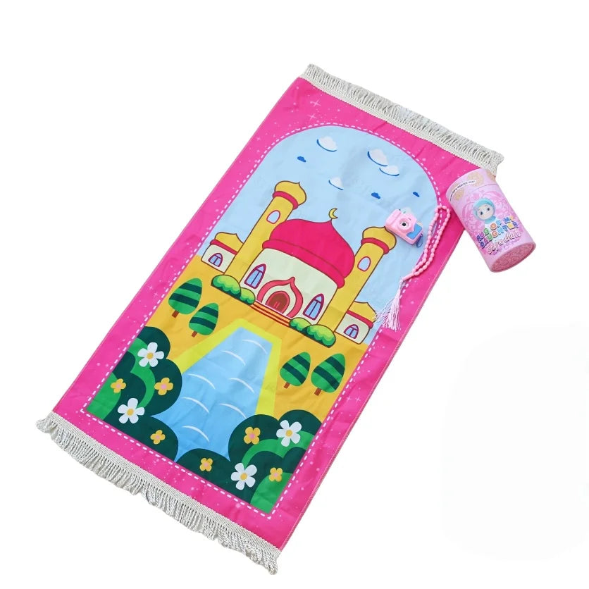Gebetsteppich für Kinder im 4-teiligen Geschenkset zum Ramadan mit Gebetskette – 50 × 95 cm, Polyester, rutschfest, tragbar, Blau oder Rosa