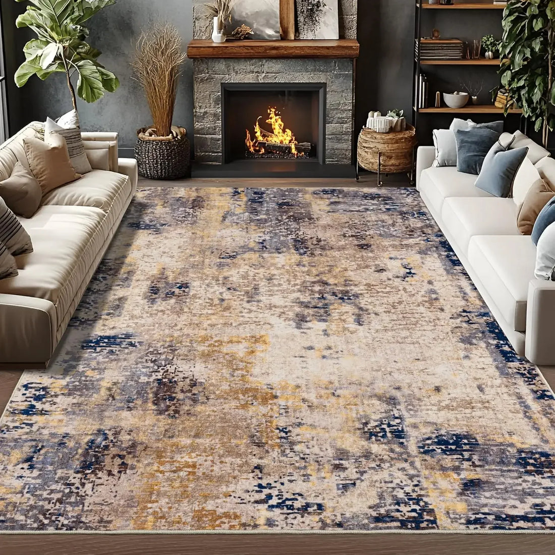 Abstrakter Kurzflorteppich in Blau im modernen Stil für Wohnzimmer und Schlafzimmer – 80 × 120 bis 120 × 180 cm, 6 mm, rutschfest, waschbar, 4 Motive