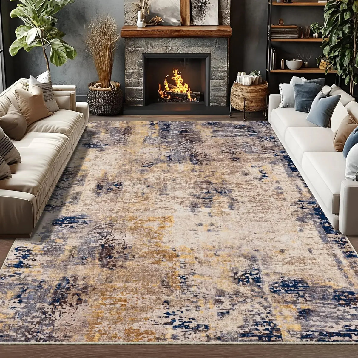 Abstrakter Kurzflorteppich in Blau im modernen Stil für Wohnzimmer und Schlafzimmer – 80 × 120 bis 120 × 180 cm, 6 mm, rutschfest, waschbar, 4 Motive