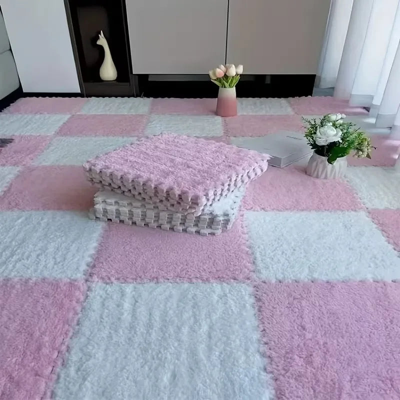 Plüsch-Puzzlematte in Zweifarb-Kombinationen für Wohnzimmer und Spielzimmer – 30 × 30 × 1 cm, BPA-frei, rutschfest, 4 bis 20 Platten, 9 Farben
