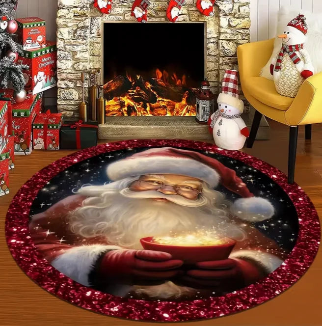 Runder Weihnachtsteppich mit Weihnachtsmann und Schneeflocken für Wohnzimmer und Spielzimmer – Ø 40 bis 120 cm, Flanell, rutschfest, 4 Motive