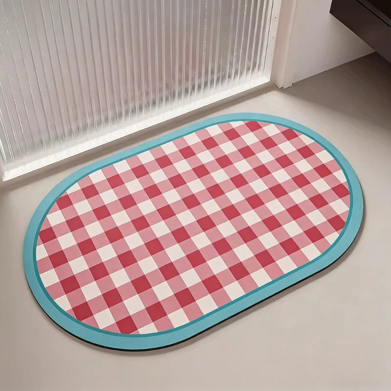 Saugfähige Badematte aus Kieselgur mit kariertem Farbblock-Muster für Bad und Küche – 45 × 75 bis 160 × 230 cm, rutschfest, 4 mm, 4 Motive