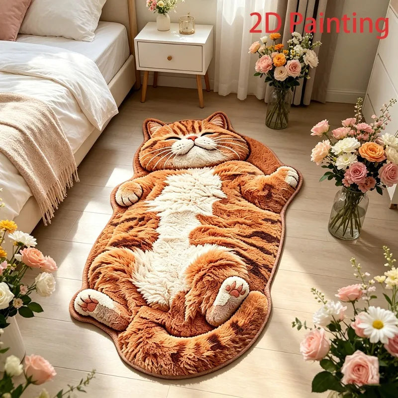 Plüschteppich in Katzenform im Cartoon-Stil als Bettvorleger für Schlafzimmer und Wohnzimmer – 40 × 70 bis 100 × 160 cm, weich, unregelmäßige Form
