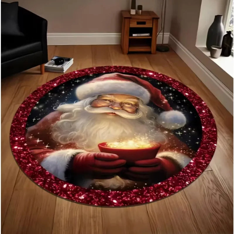 Runder Weihnachtsteppich mit Weihnachtsmann und Schneeflocken für Wohnzimmer und Spielzimmer – Ø 40 bis 120 cm, Flanell, rutschfest, 4 Motive