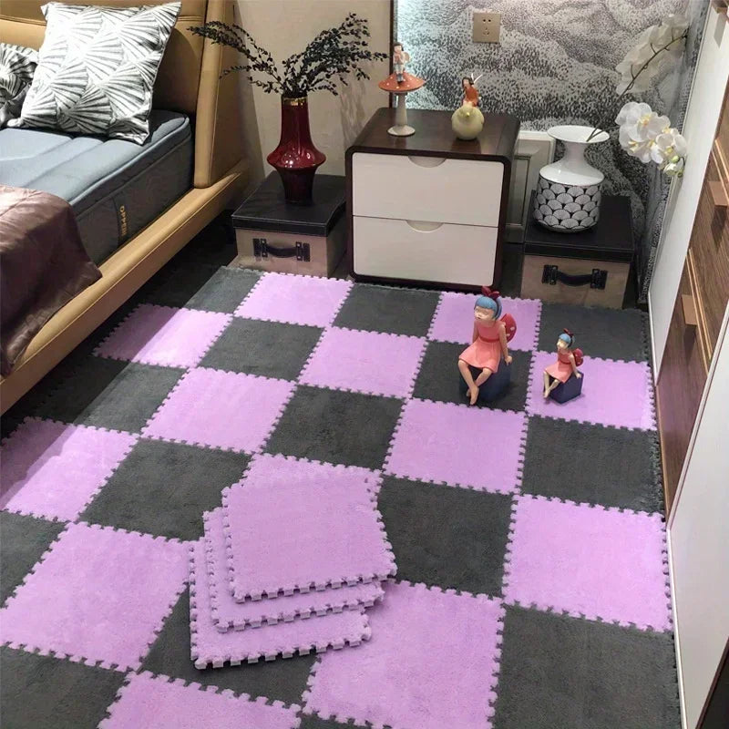 Flauschige Plüsch-Puzzlematten aus Schaumstoff zum Zusammenstecken fürs Wohnzimmer – je 30 × 30 cm, quadratisch, ineinandergreifend, 1 bis 16 Stück