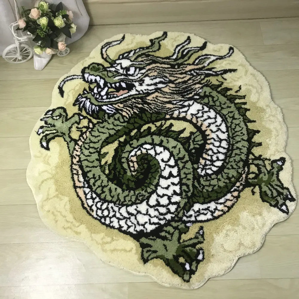 Getufteter Plüschteppich mit chinesischem Drachen in 3D-Optik für Wohnzimmer, Schlafzimmer und Bad – 90 × 110 cm, weich, saugfähig, rutschfest