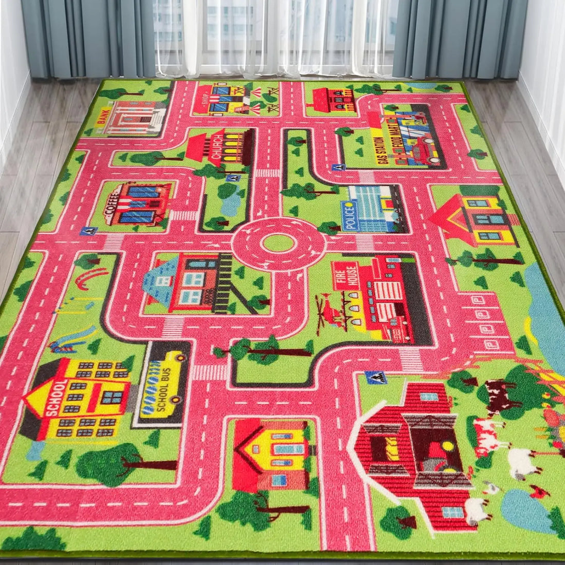 Spielteppich mit Stadtplan aus Straßen und Gebäuden für Spielbereich und Wohnzimmer – 40 × 60 bis 120 × 160 cm, Flanell, rutschfest, 4 Motive
