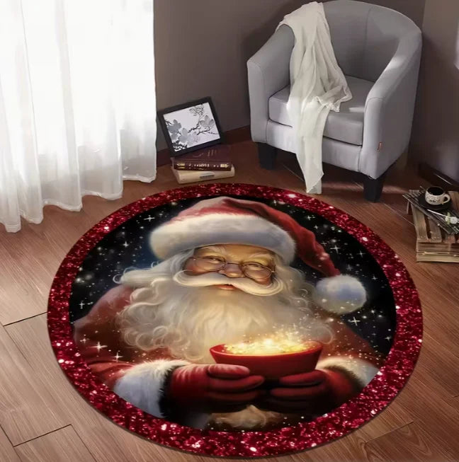 Runder Weihnachtsteppich mit Weihnachtsmann und Schneeflocken für Wohnzimmer und Spielzimmer – Ø 40 bis 120 cm, Flanell, rutschfest, 4 Motive