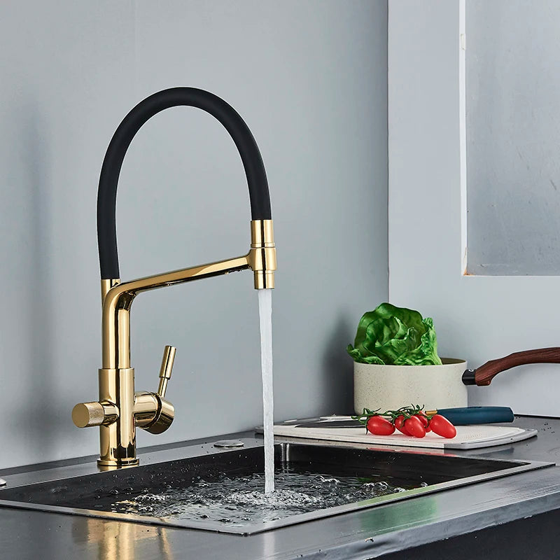 Küchenarmatur mit Doppelauslauf für gefiltertes Trinkwasser für die Küchenspüle – flexibler Schlauchbogen, 360° drehbar, Messing, 45 cm, 6 Farben