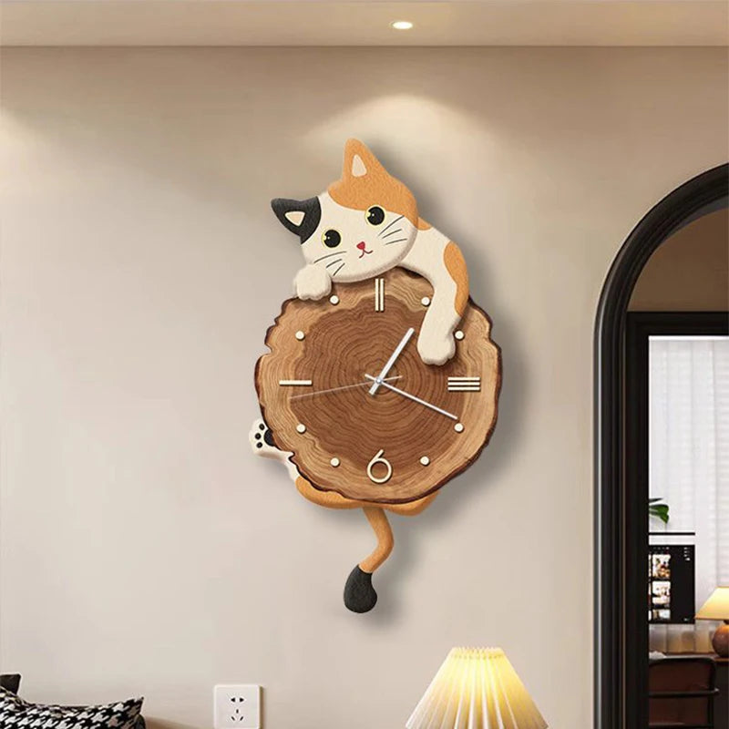 Cartoon-Katzen-Wanduhr mit schwingendem Schwanz für Wohnzimmer, Schlafzimmer und Arbeitszimmer – 29 × 51 cm, lautlos, 3 Katzenmotive