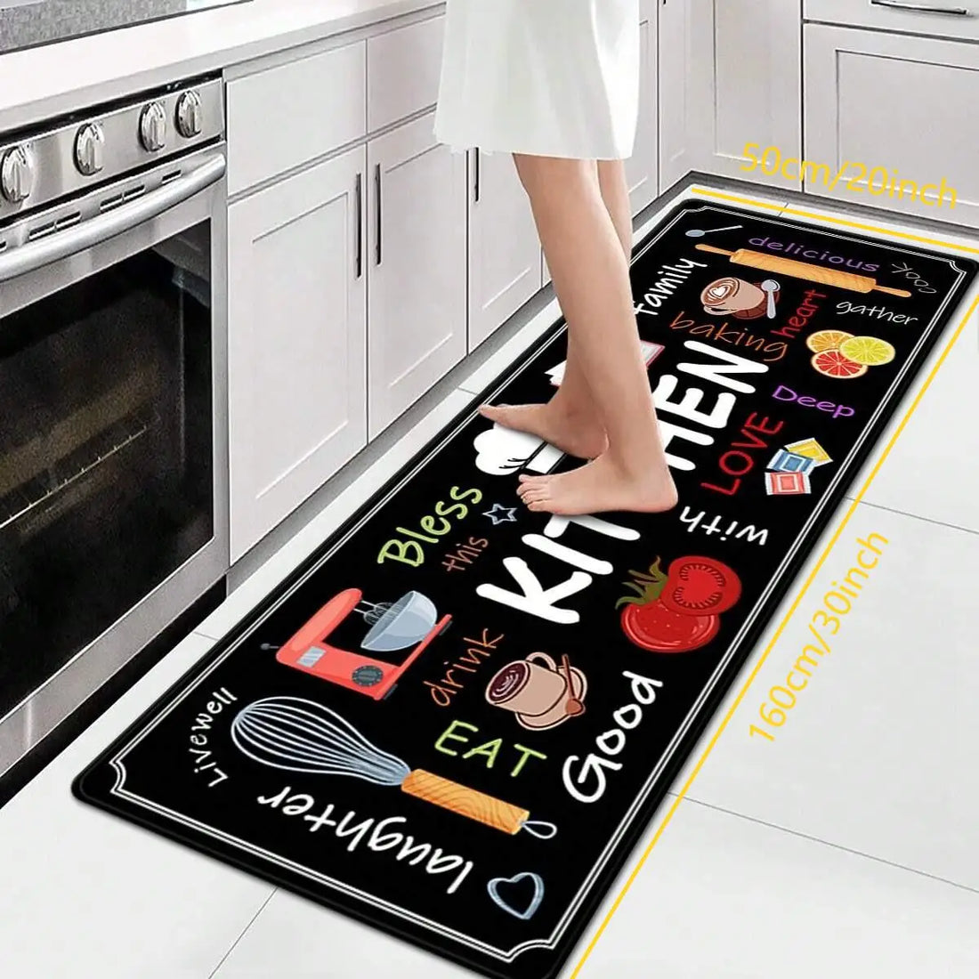 Bedruckte Küchenmatte mit Kitchen-Schriftzug aus Kristallsamt für Küche, Flur und Waschküche – 40 × 60 bis 60 × 180 cm, 4 mm dick, waschbar