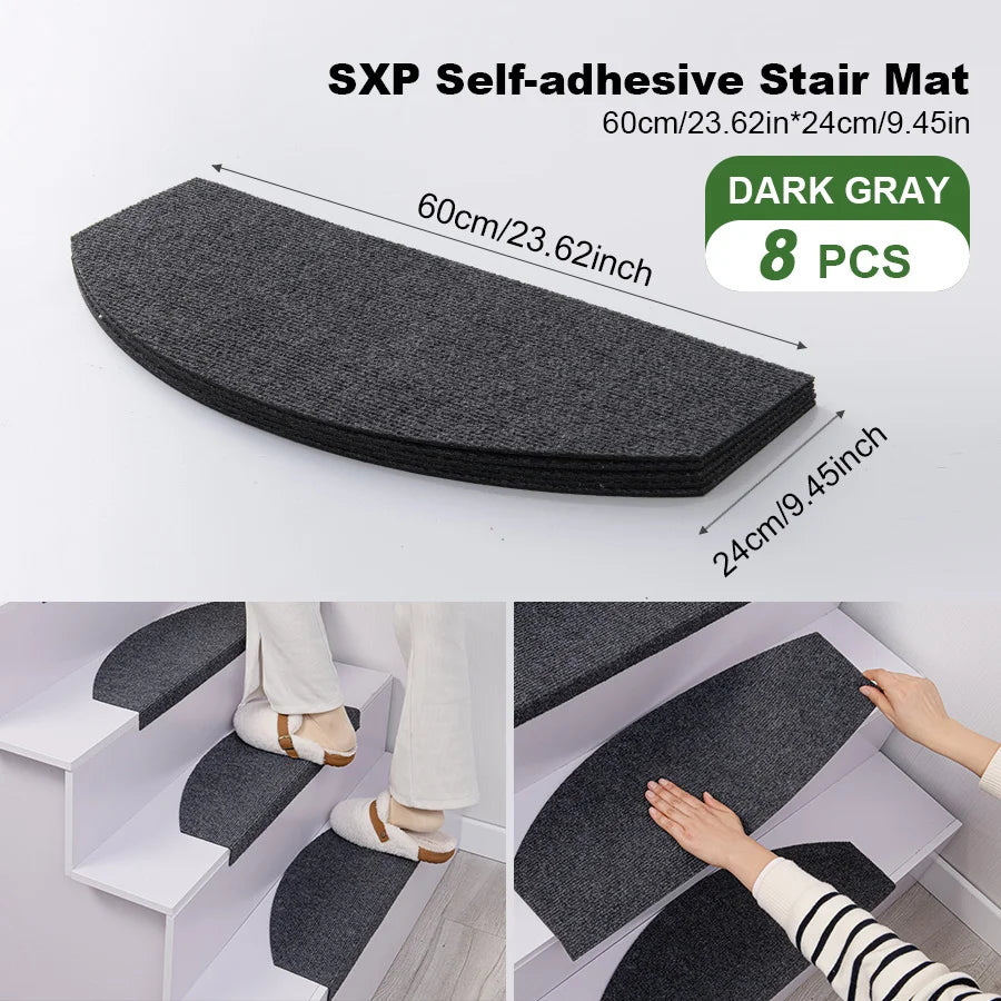 Halbrunde selbstklebende Stufenmatten im 8er-Set für Treppen im Innenbereich – je 60 × 24 cm, 4 mm dick, rutschfest, einfarbig, 11 Farben