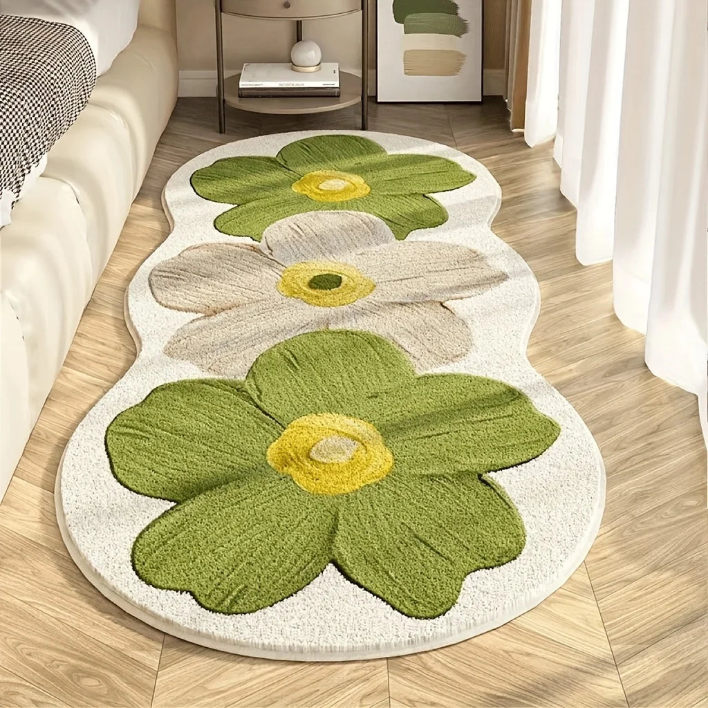 Geschwungener Plüschteppich mit großem Blumenmotiv im nordischen Stil für Schlafzimmer und Mädchenzimmer – 40 × 100 bis 60 × 160 cm, weich, 4 Motive