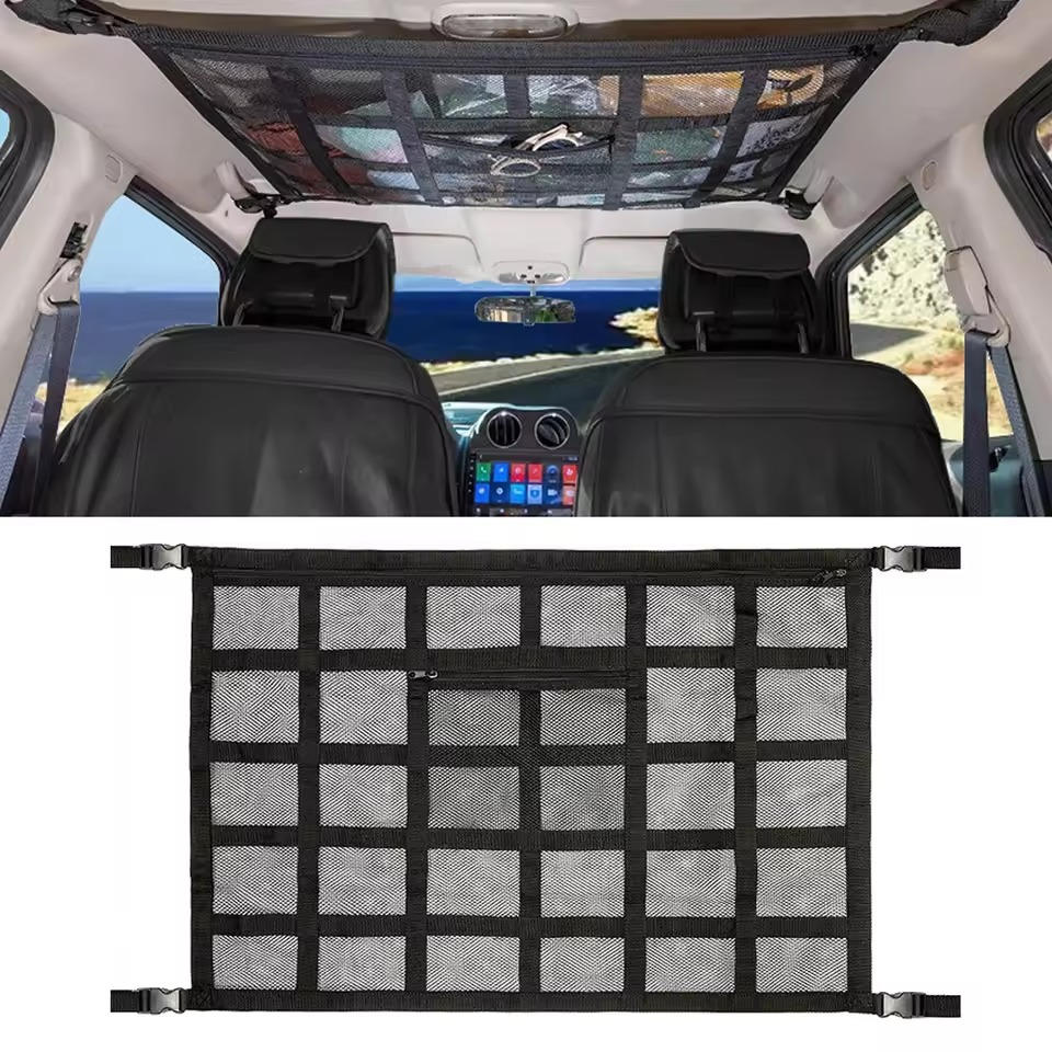 Auto-Deckennetz mit Reißverschluss für Campingausrüstung, Handtücher und Spielzeug – 70 × 50 bis 90 × 65 cm, doppellagig, an den Dachgriffen