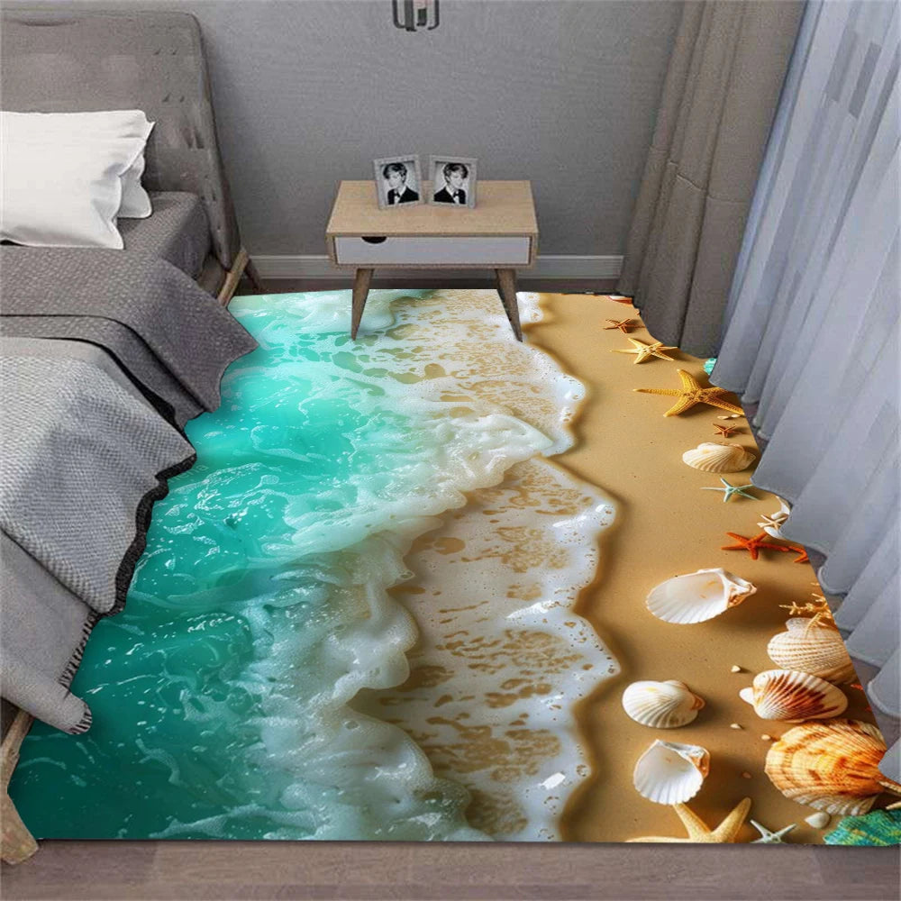Teppich mit Strand-, Wellen- und Muschel-Motiv für Wohnzimmer, Küche und Flur – 40 × 60 bis 120 × 160 cm, rechteckig, Flanell, rutschfest, 7 Motive