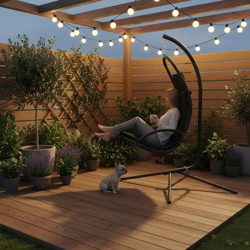 Hängesessel mit Standgestell und gepolstertem Kissen für Garten und Terrasse – 600D-Oxford-Gewebe, pulverbeschichteter Stahl, 3-cm-Polster, 3 Farben