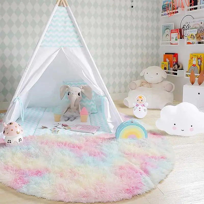 Runder Hochflorteppich in Regenbogenfarben für Kinderzimmer und Schlafzimmer – Ø 60 bis 160 cm, flauschig, Memory-Schaum, rutschfest