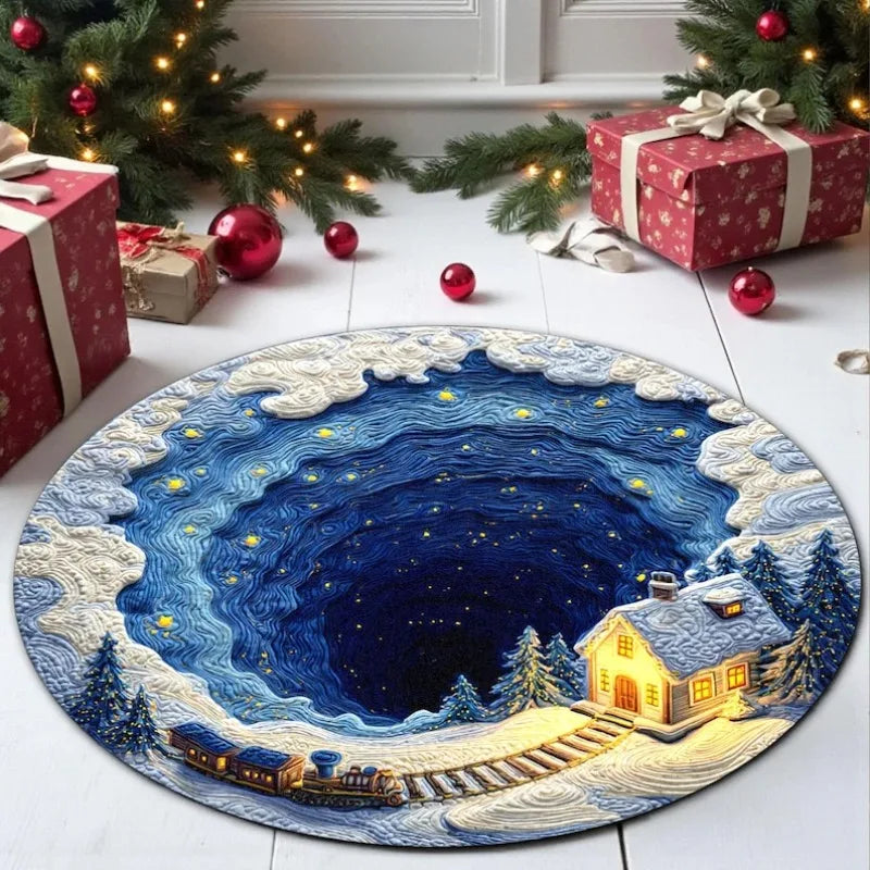 Runder Weihnachtsteppich mit blauem Schneemotiv für Wohnzimmer und Weihnachtsfeier – Ø 40 bis 120 cm, 3D-Druck, rutschfest, 5 Motive