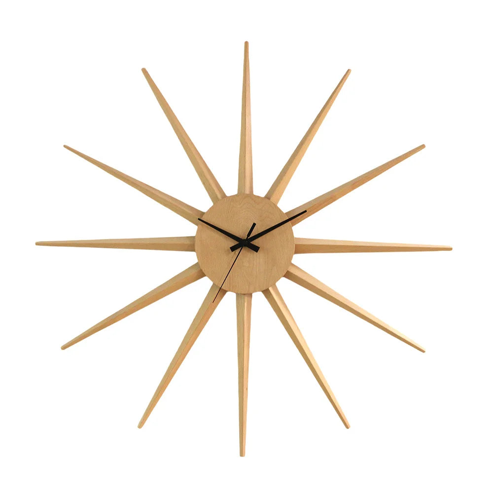 Sonnen-Wanduhr aus Walnussholz mit 12 Speichen im Mid-Century-Stil für Wohnzimmer und Eingangsbereich – 72 × 72 cm, lautlos, 2 Ausführungen