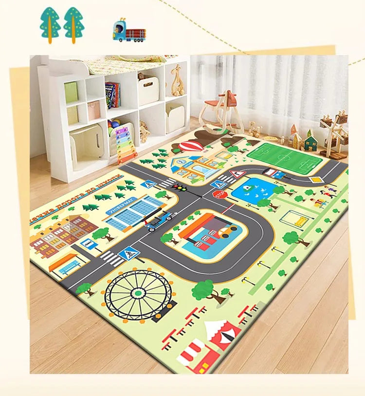 Spielteppich mit Straßen- und Landebahn-Motiv für Spielbereich und Wohnzimmer – 40 × 60 bis 160 × 230 cm, rutschfest, waschbar, 10 Motive