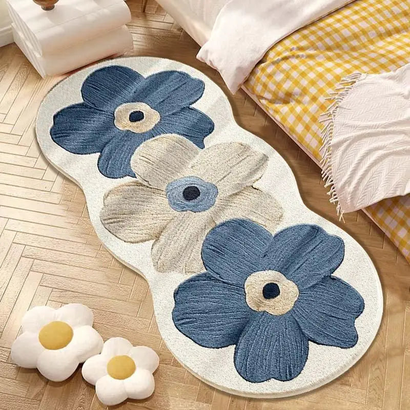 Plüschteppich mit blauen und beigen Blumen im nordischen Stil für Schlafzimmer und Mädchenzimmer – 40 × 100 bis 60 × 160 cm, waschbar, 4 Motive
